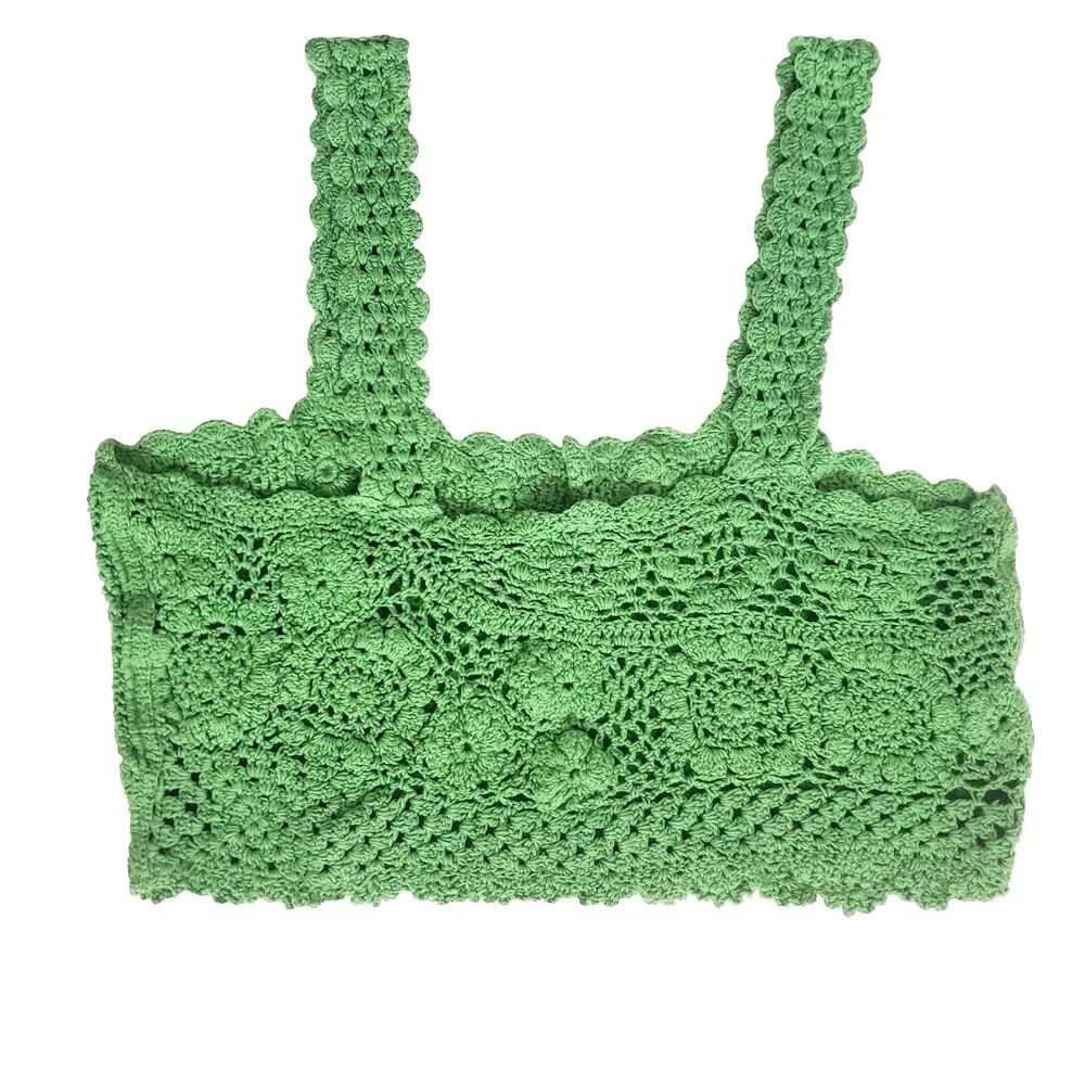 Free People Women's Crochet Top Medium Green Open Knit Cropped Cotton Unlined